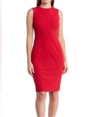 Calvin Klein Red Sleeveless Sheath Dress with Gold Zip